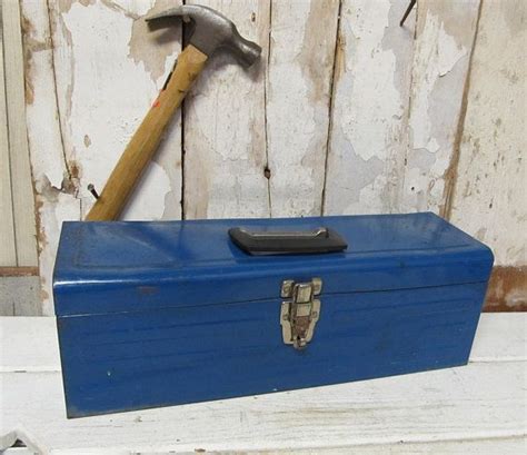 vintage blue metal tool box|small vintage metal tool box.